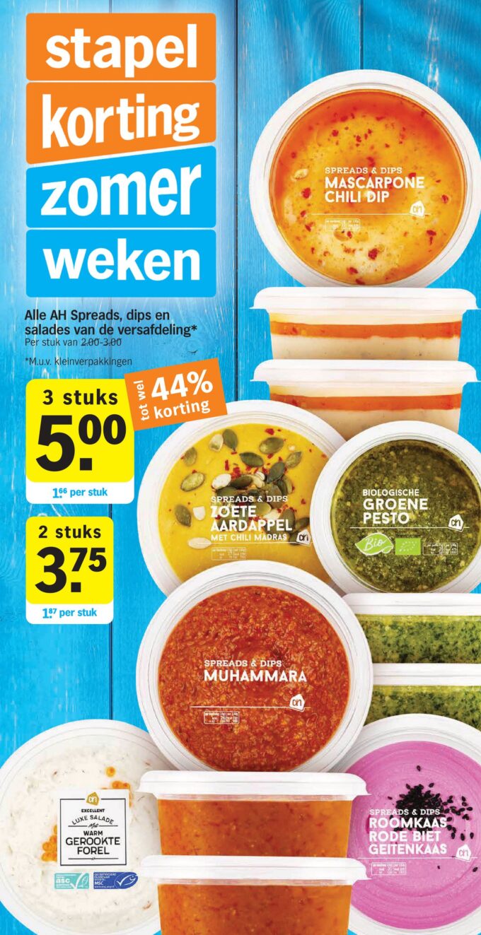 Alle AH Spreads, dips en salades van de versafdeling* 3 stuks € 5,00 indebuurt Bergen op Zoom