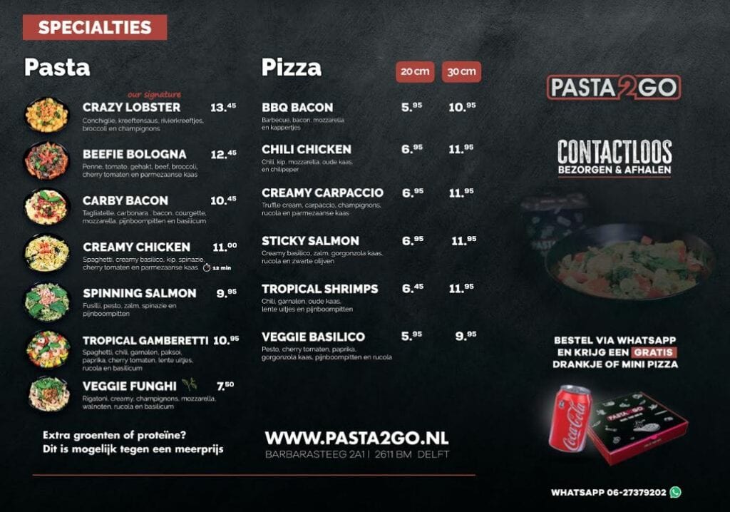 Pasta2Go heeft een nieuwe menukaart en dit staat erop indebuurt Delft