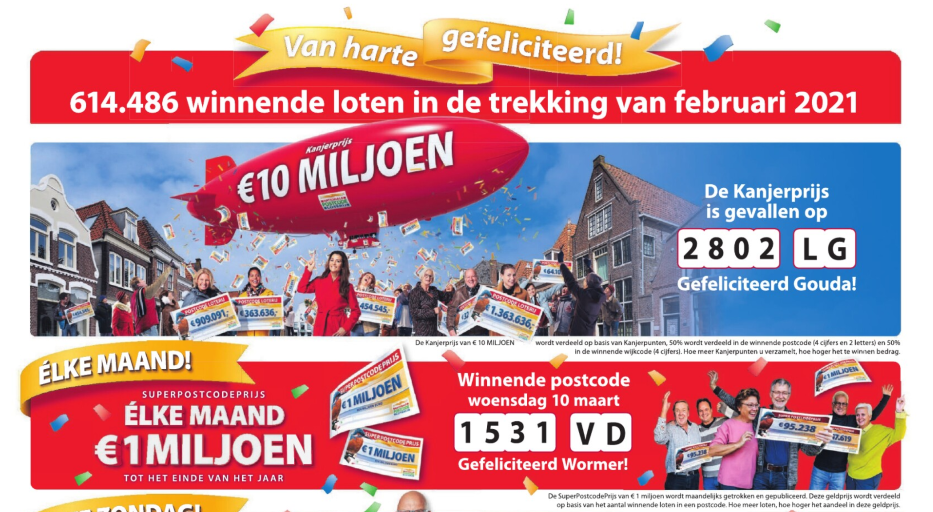 Postcodeloterij Kanjerprijs van 10 miljoen valt in Gouda indebuurt Gouda