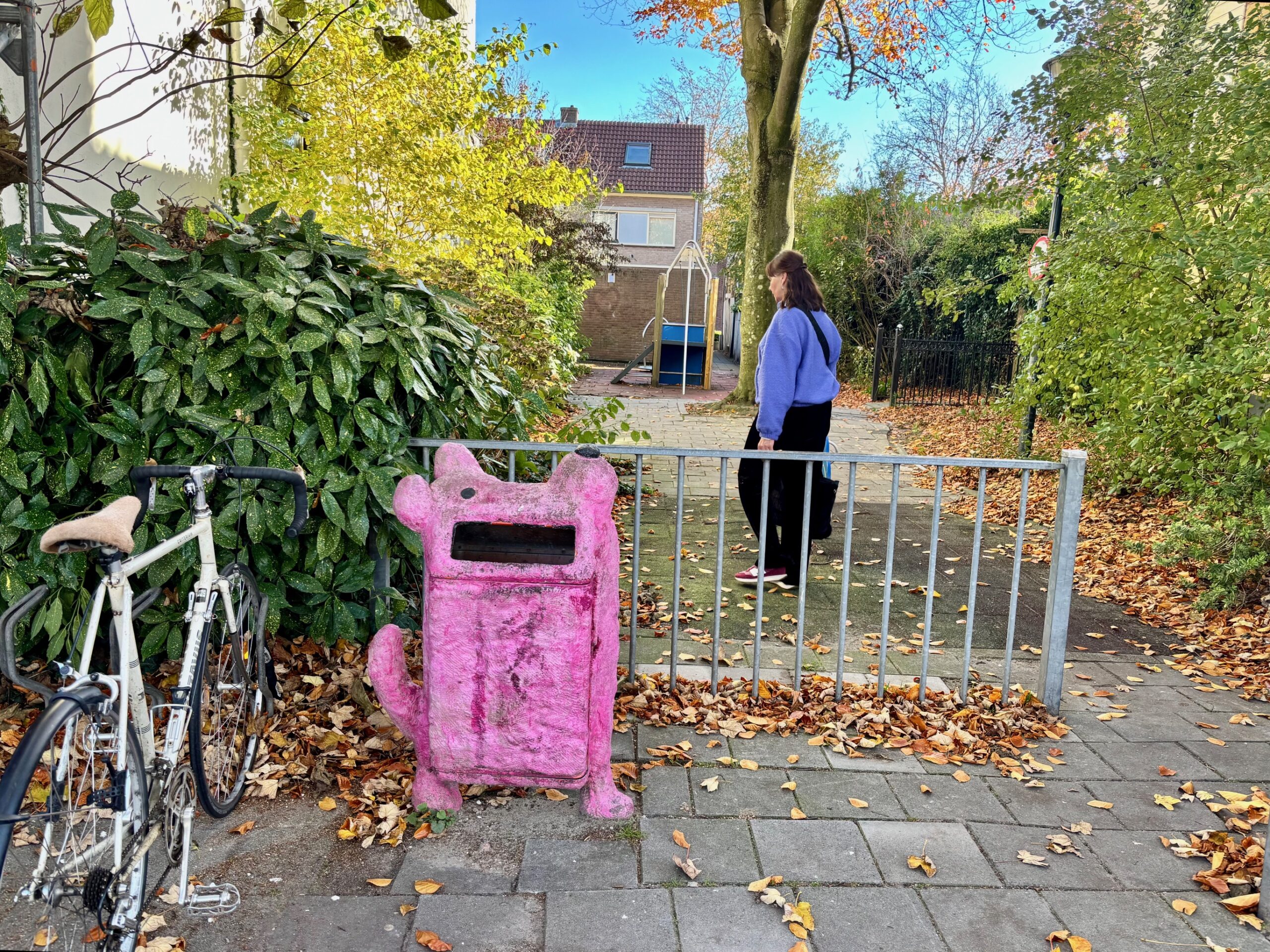 Gespot: waar komt deze knalroze hondenprullenbak vandaan?