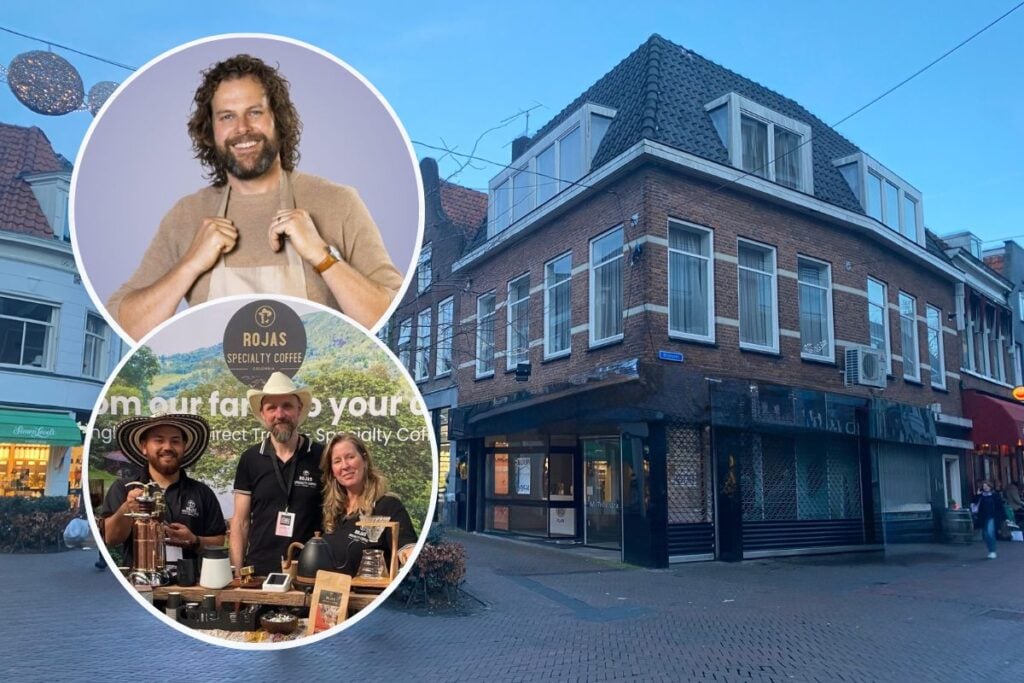 In dit pand komt Rojas Specialty Coffee. Bovenaan staat Heel Holland Bakt-finalist Jan Spannenberg. Onderaan staan eigenaren Carlos Rojas (links), Marco Blom (midden) en Corine Blom (rechts). Foto: indebuurt Zwolle/ eigen foto.