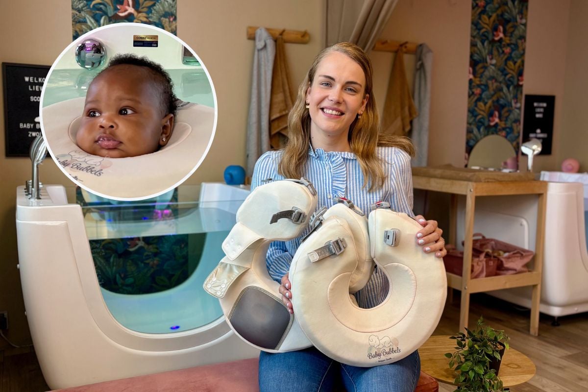 Bij de babyspa van Denise mag Stanley voor het eerst floaten: ‘Zie je hem bellenblazen?’